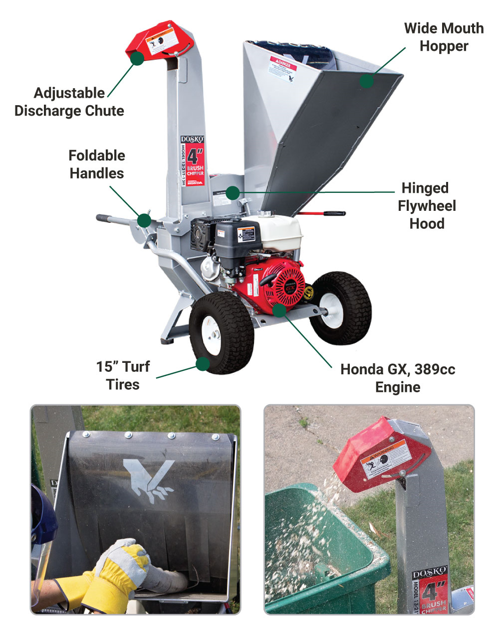 Dosko 13-21T-13H Brush Chipper 13HP 389cc Honda 10.2cm Capacity