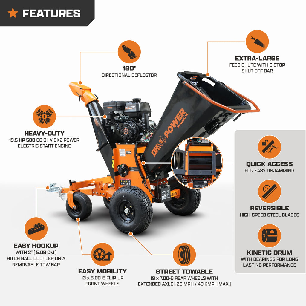 DK2 OPC566E-V2 Kinetic Wood Chipper 19.5HP 500cc Electric Start 15.9cm Capacity