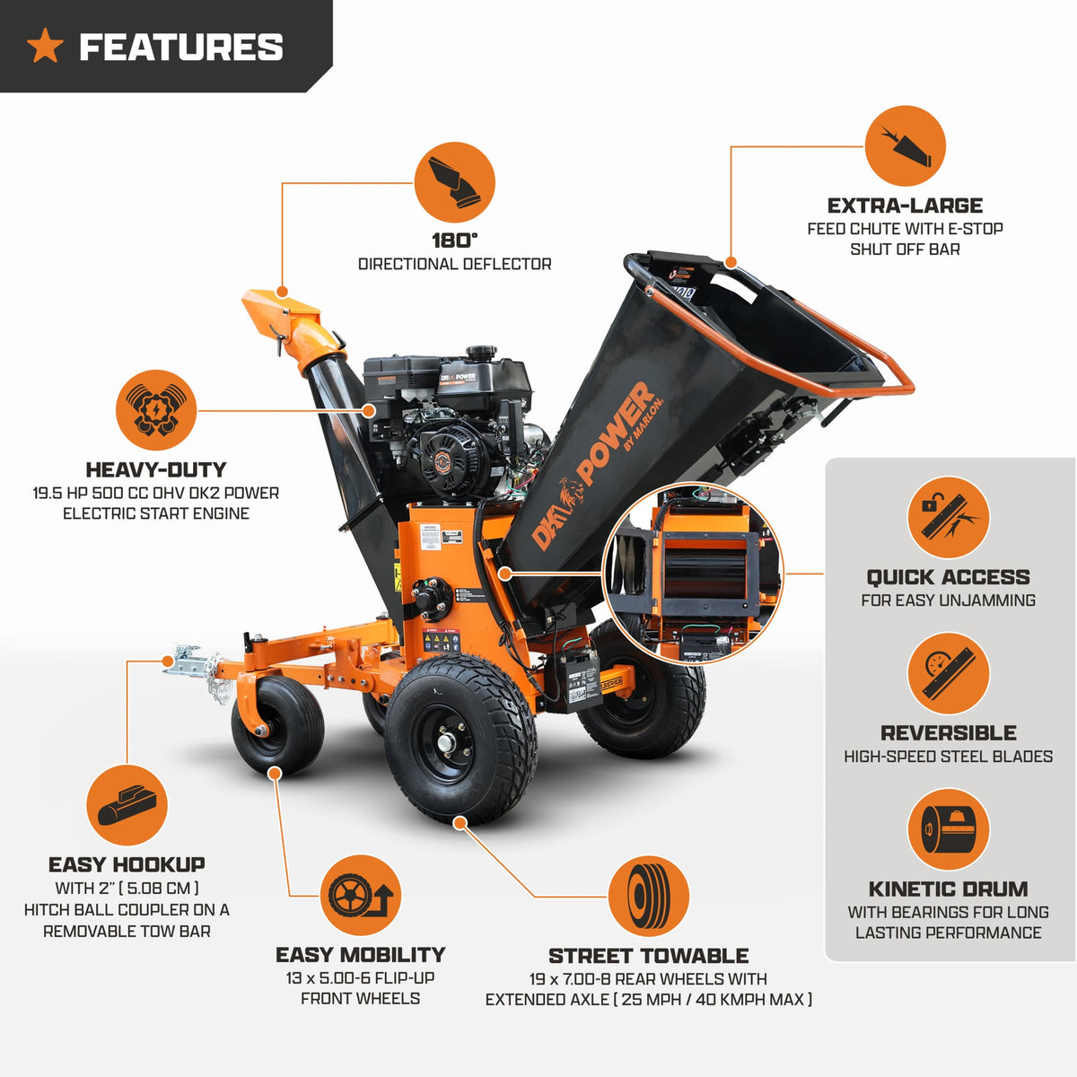 DK2 OPC566E-V2 Kinetic Wood Chipper 19.5HP 500cc Electric Start 15.9cm Capacity
