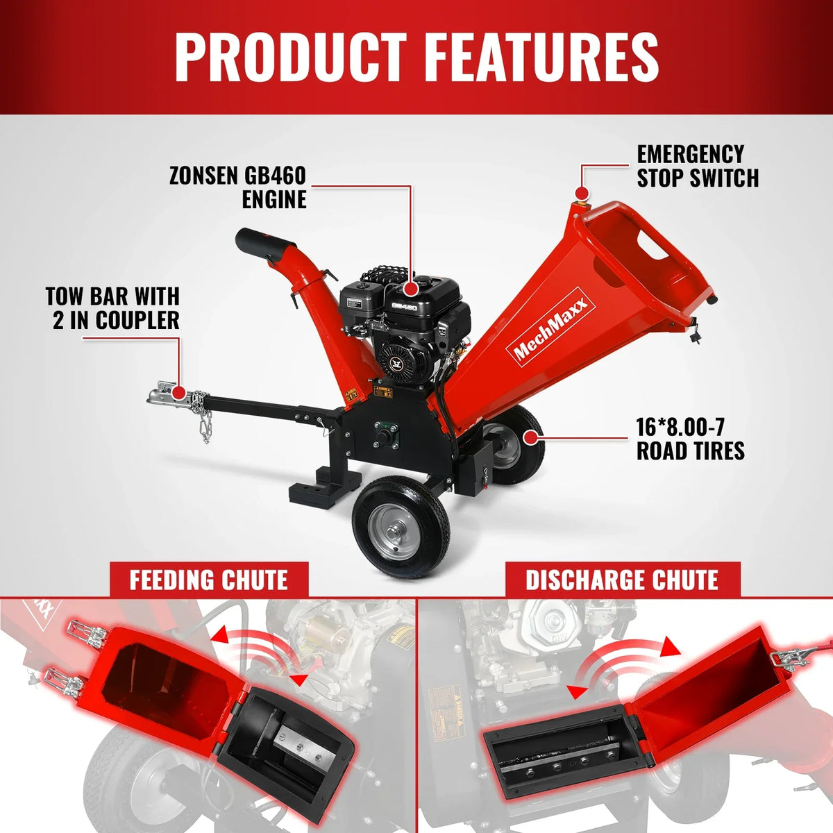 MechMaxx GS1500 Wood Chipper 15HP 459cc Electric Start 12.7cm Capacity