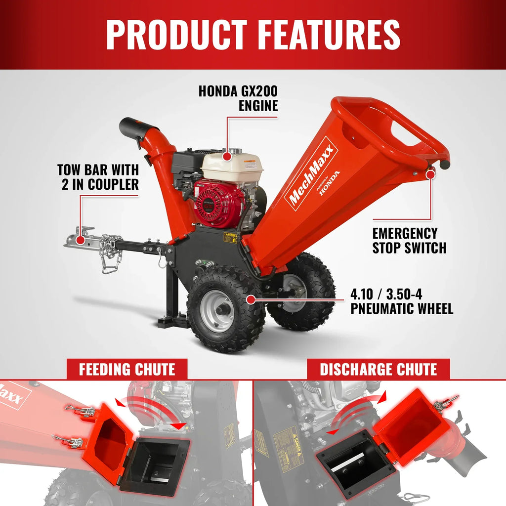 MechMaxx GS650 Wood Chipper Honda GX200 10.2cm Capacity