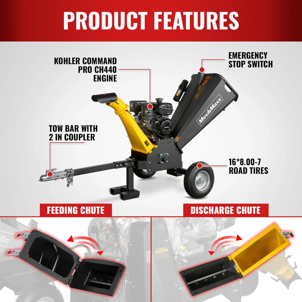 MechMaxx GS1500 Wood Chipper 14HP 429cc Kohler Electric Start 12.7cm Capacity