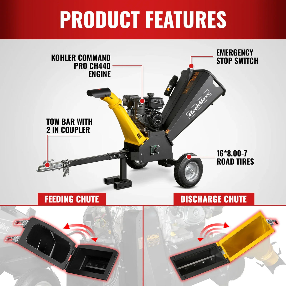 MechMaxx GS1500 Wood Chipper 14HP 429cc Kohler Electric Start 12.7cm Capacity