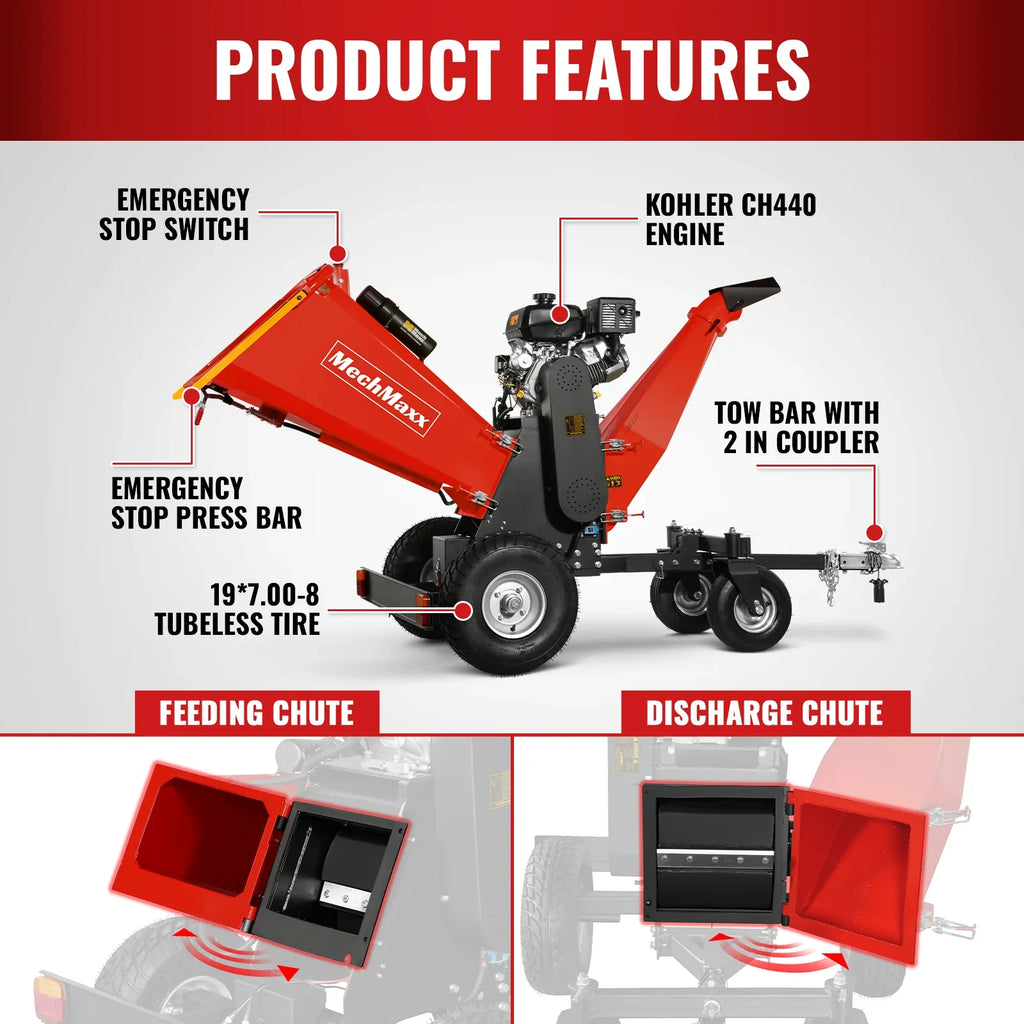 MechMaxx B150 Wood Chipper 14HP Kohler 429cc Electric Start 15.2cm Capacity