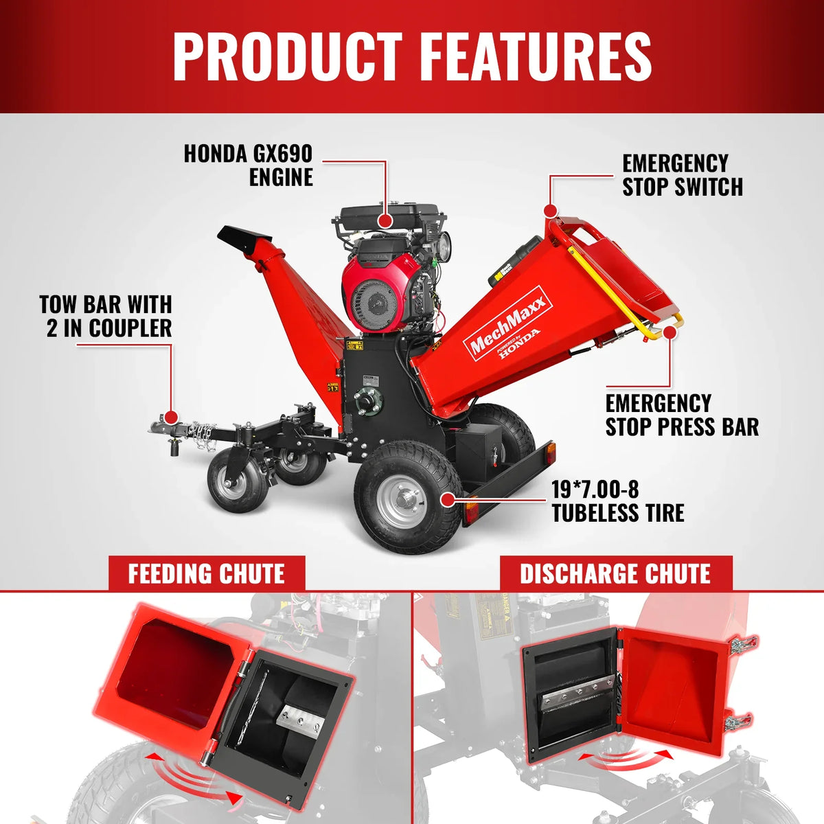 MechMaxx B200 Drum Wood Chipper 22HP 688cc Electric Start 20.3cm Capacity
